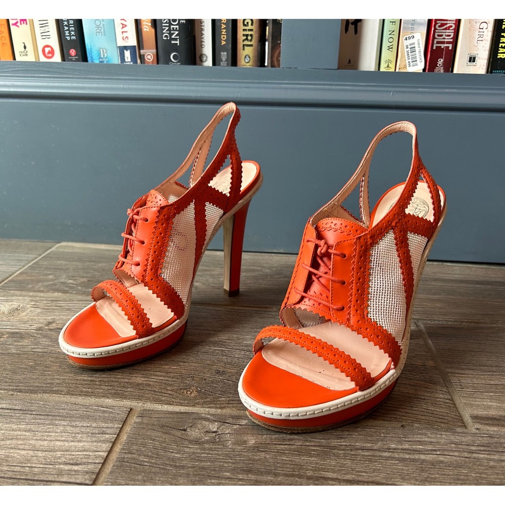Versace Orange Leather Mesh Lace Up Platform Slingback Heels Medusa Italy 38